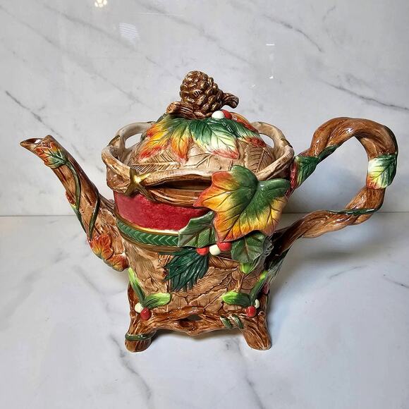 Fitz and Floyd Trio Christmas Lodge Fall Pinecone Leaf Tea Pot Plate and Bowl - Picture 3 of 10